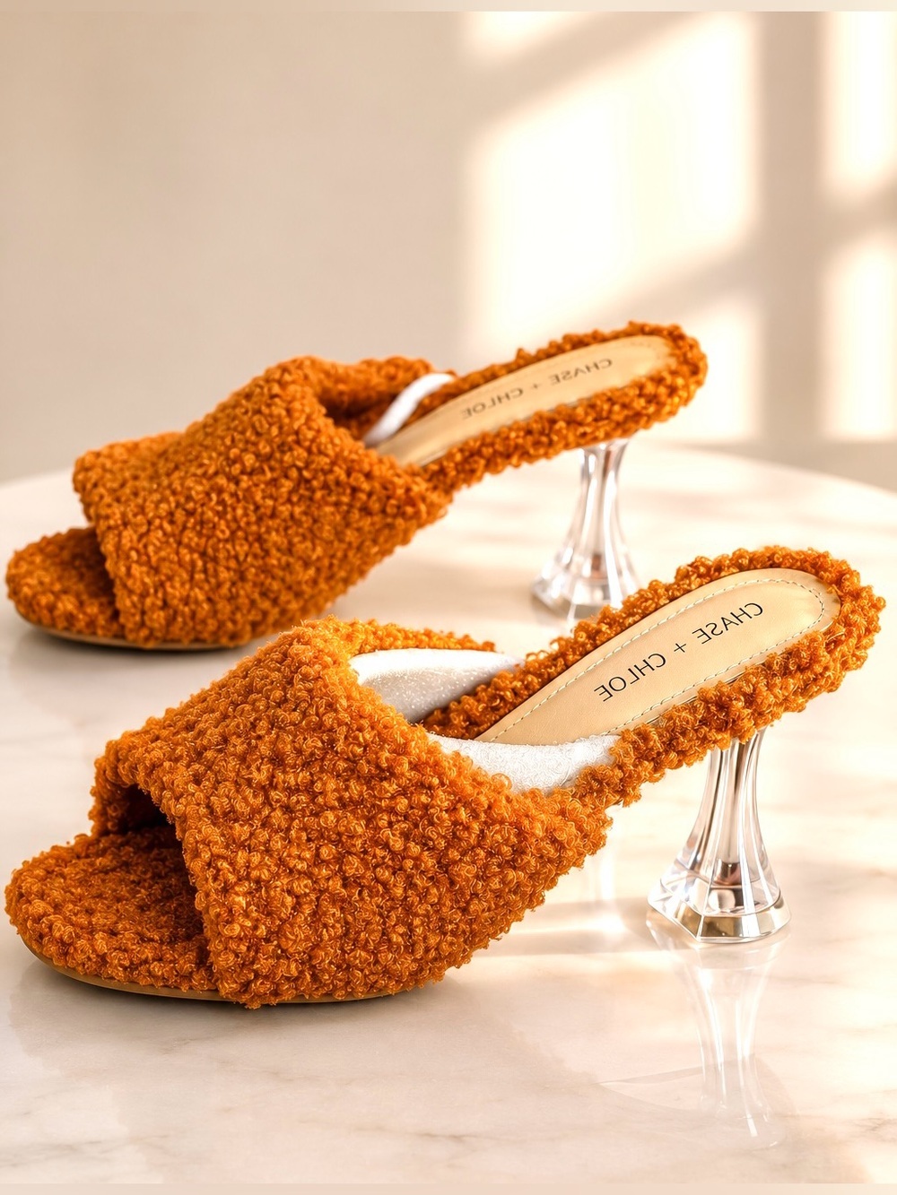 Chase + Chloe Rust Sherpa Slide Sandals Cozy Bouclé Mules